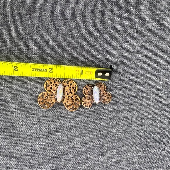 Antique Edwardian Butterfly Dragon's Breath Glass Bronze Pin Set - Picture 8 of 9